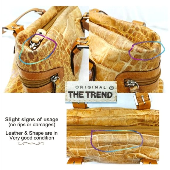 THE TREND Genuine Leather Croc Embossed Carryall Bag Mustard Silver Zip Pockets - Picture 14 of 14